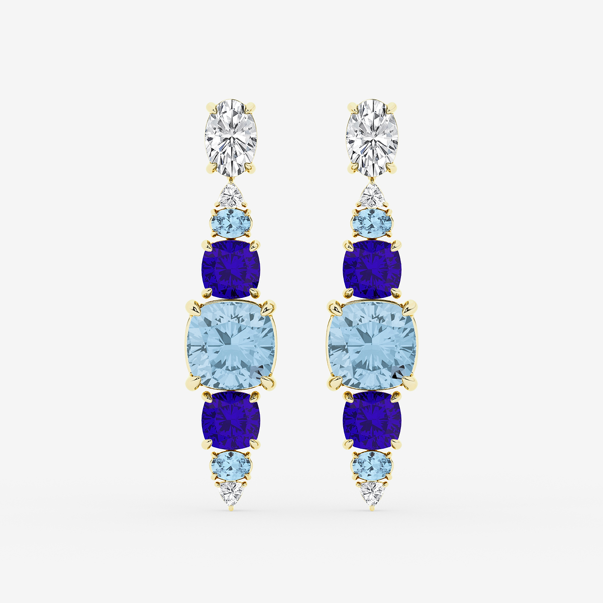 13 ctw Cushion & Oval Cut Created Aquamarine and Cushion Cut Created Tanzanite with Round & Trillion Lab Grown Diamond Drop Earrings