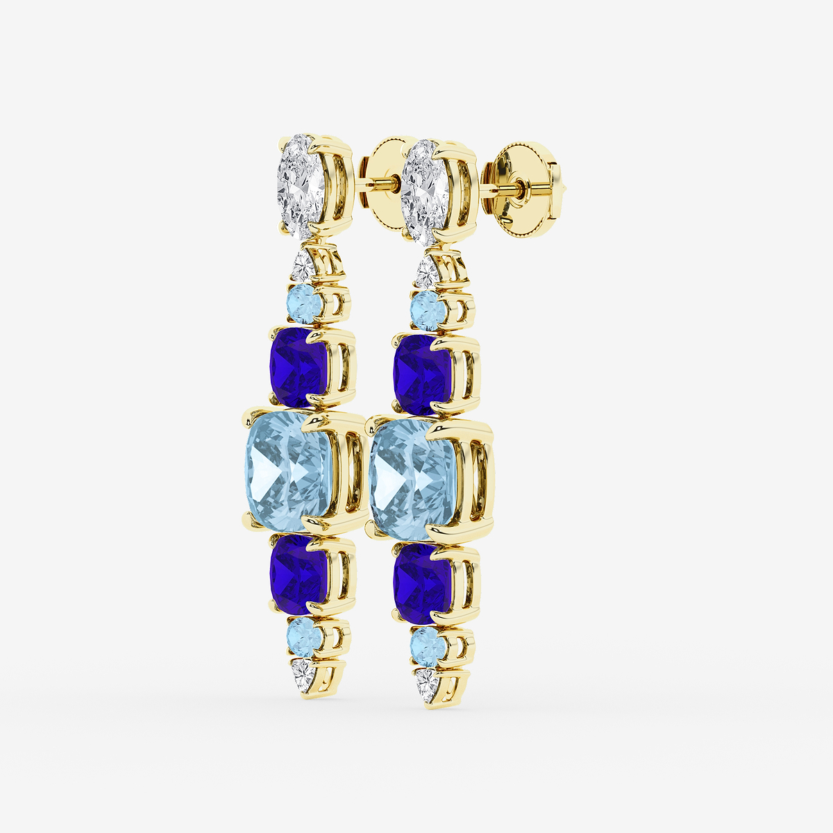 Additional Image 1 for  13 ctw Cushion & Oval Cut Created Aquamarine and Cushion Cut Created Tanzanite with Round & Trillion Lab Grown Diamond Drop Earrings