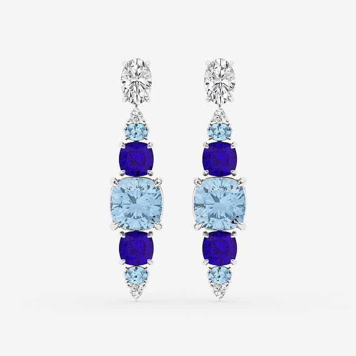 Cushion & Oval Cut Created Aquamarine and Cushion Cut Created Tanzanite with Round & Trillion Drop Earrings