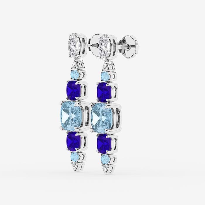Cushion & Oval Cut Created Aquamarine and Cushion Cut Created Tanzanite with Round & Trillion Drop Earrings