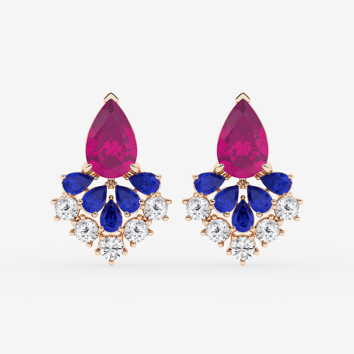 14 7/8 ctw Pear Cut Created Pink & Blue Sapphire with Round Lab Grown Diamond Dangle Earring