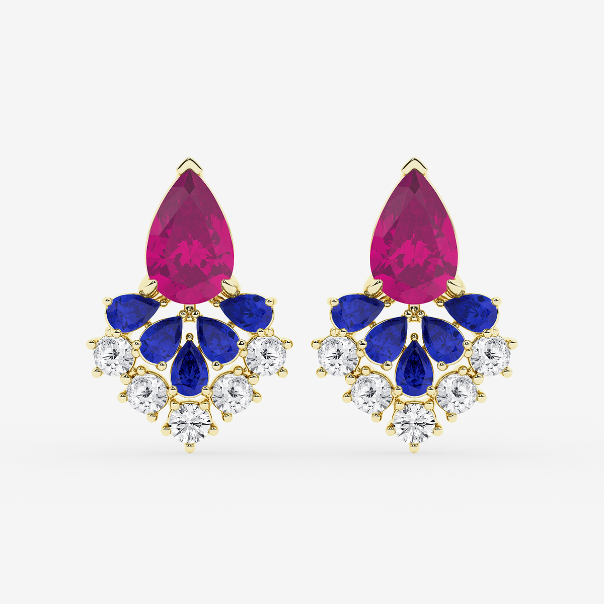 14 7/8 ctw Pear Cut Created Pink & Blue Sapphire with Round Lab Grown Diamond Dangle Earring