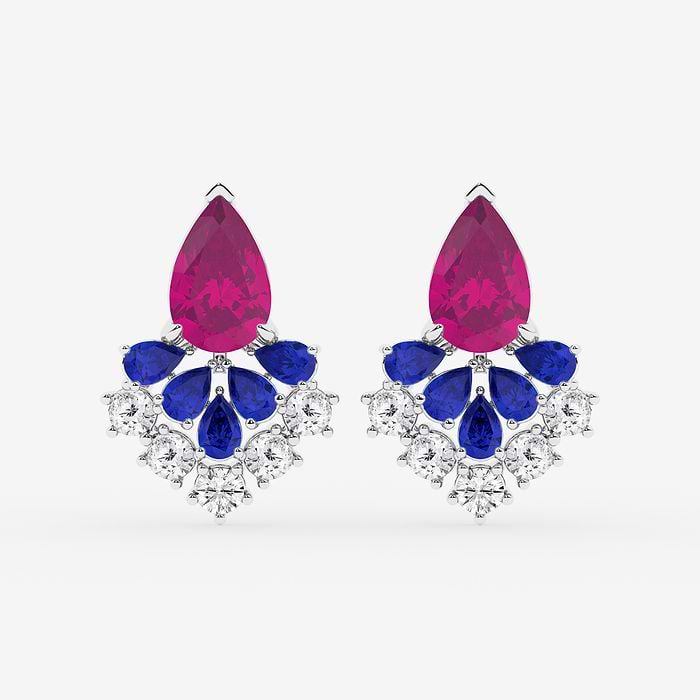Pear Cut Created Pink & Blue Sapphire with Round Dangle Earring