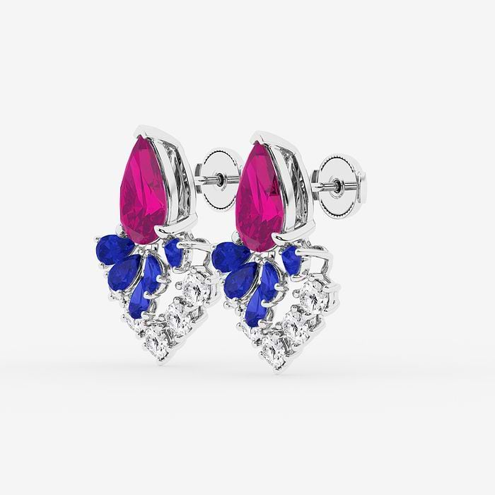 Pear Cut Created Pink & Blue Sapphire with Round Dangle Earring