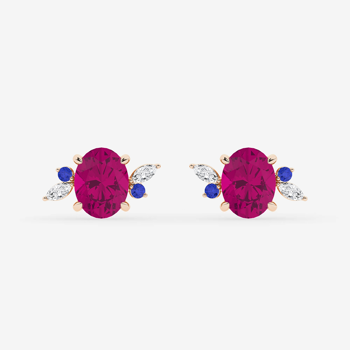 6 1/3 ctw Oval Cut Created Pink Sapphire and Marquise Lab Grown Diamond Nature Inspired Motive Stud Earrings with Round Blue Sapphire
