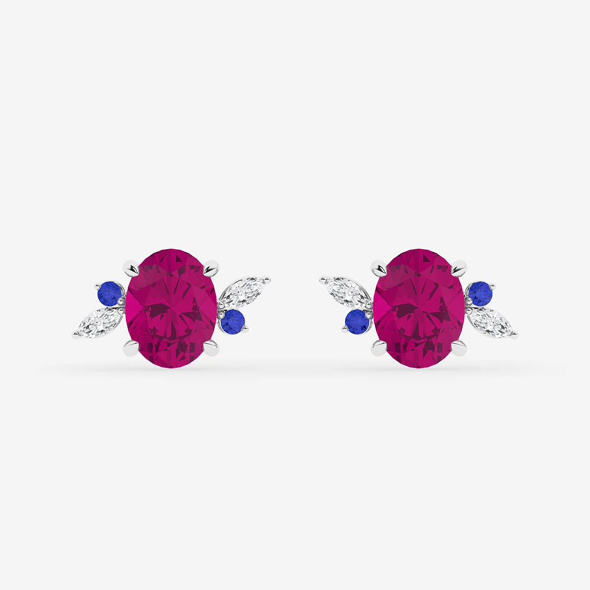 6 1/3 ctw Oval Cut Created Pink Sapphire and Marquise Lab Grown Diamond Nature Inspired Motive Stud Earrings with Round Blue Sapphire