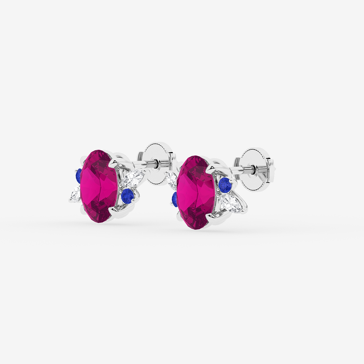 Additional Image 1 for  6 1/3 ctw Oval Cut Created Pink Sapphire and Marquise Lab Grown Diamond Nature Inspired Motive Stud Earrings with Round Blue Sapphire