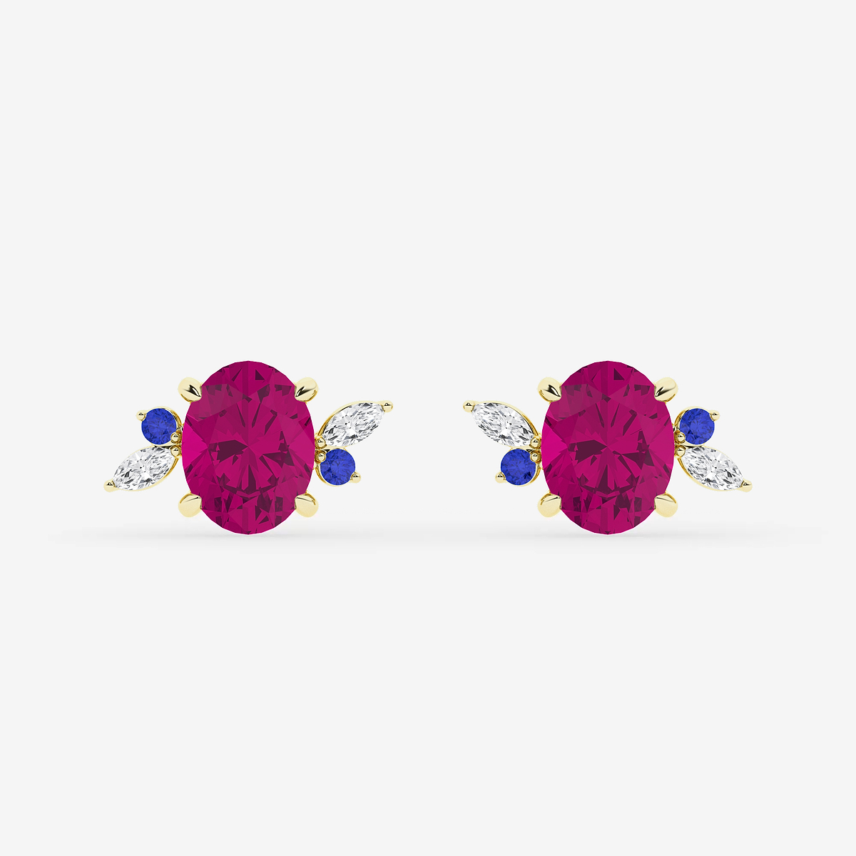6 1/3 ctw Oval Cut Created Pink Sapphire and Marquise Lab Grown Diamond Nature Inspired Motive Stud Earrings with Round Blue Sapphire