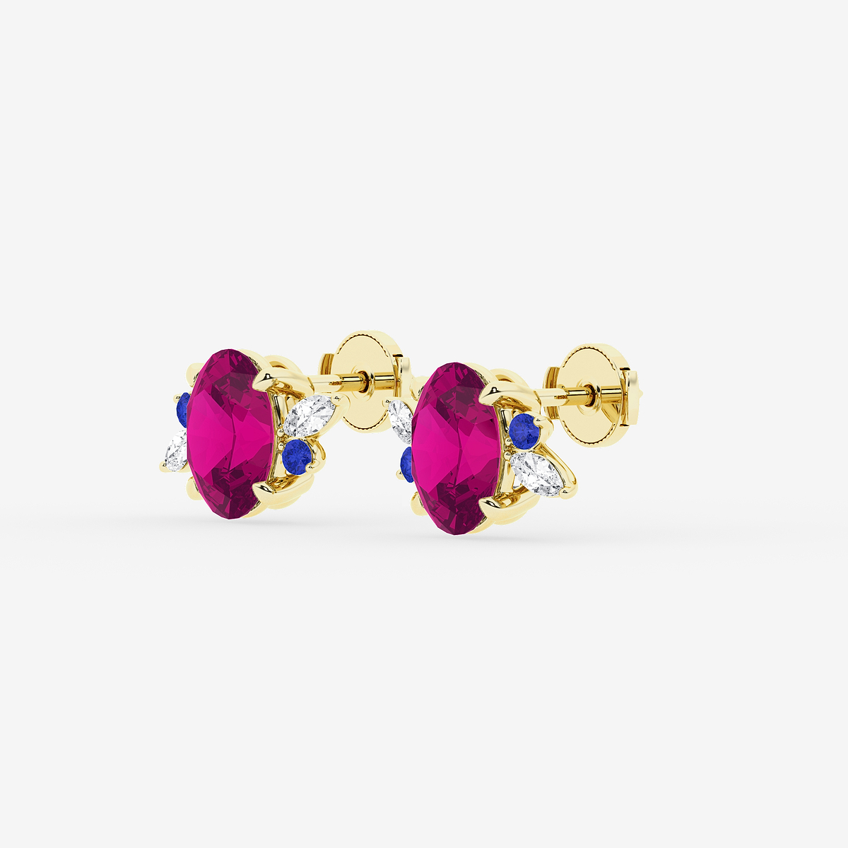 Additional Image 1 for  6 1/3 ctw Oval Cut Created Pink Sapphire and Marquise Lab Grown Diamond Nature Inspired Motive Stud Earrings with Round Blue Sapphire