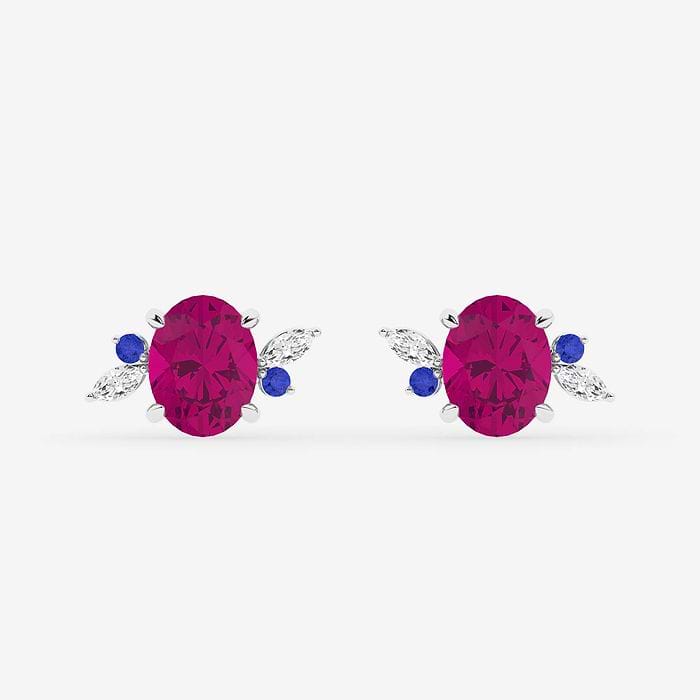 Oval Cut Pink Sapphire and Marquise Nature Inspired Motive Stud Earrings with Round Blue Sapphire