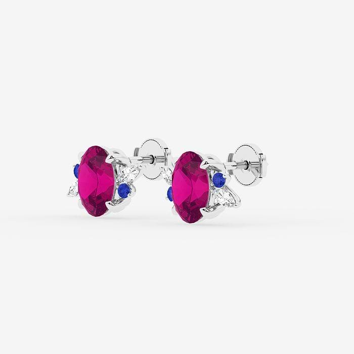 Oval Cut Pink Sapphire and Marquise Nature Inspired Motive Stud Earrings with Round Blue Sapphire