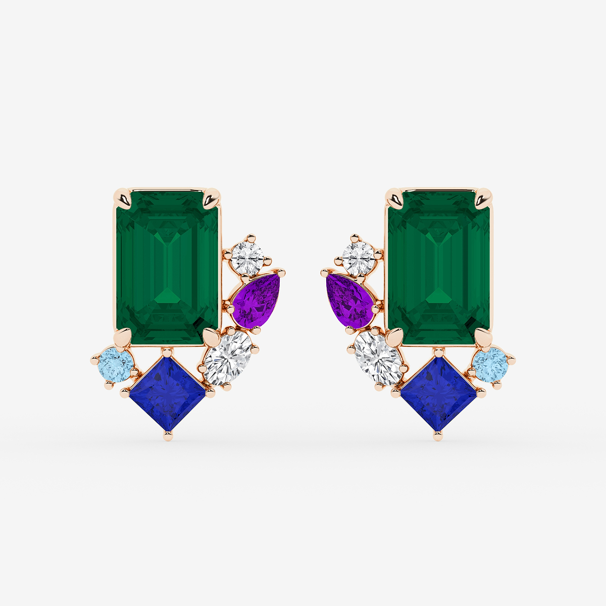 5 ctw Emerald Cut Created Emerald with Round and Oval Lab Grown Diamond Stud Earrings