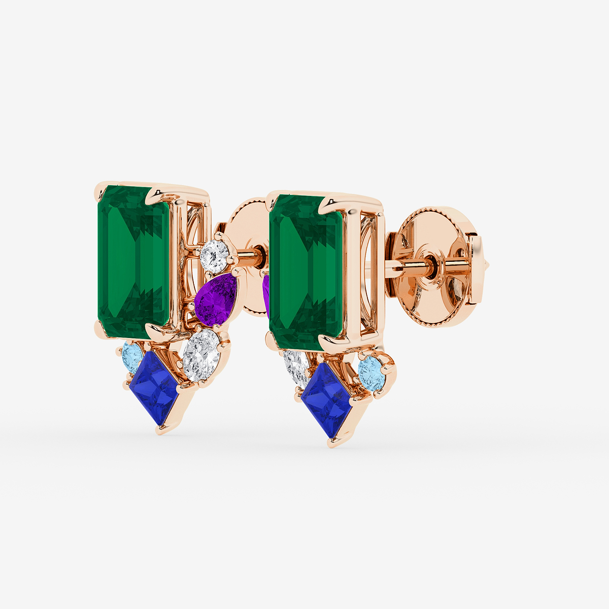 Additional Image 1 for  5 ctw Emerald Cut Created Emerald with Round and Oval Lab Grown Diamond Stud Earrings