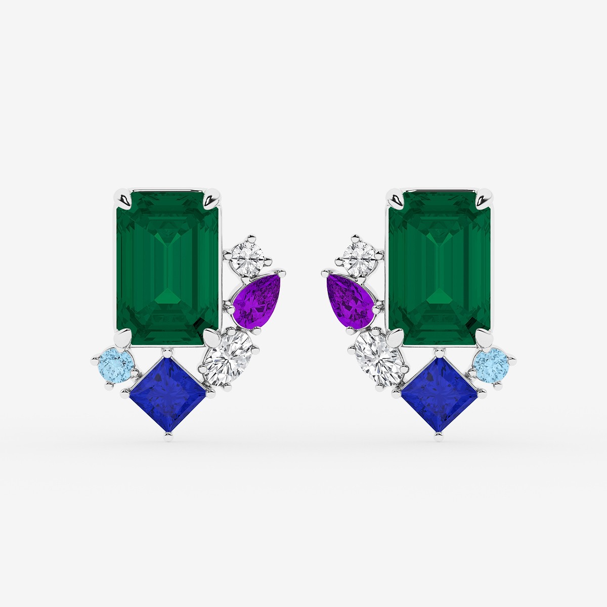 5 ctw Emerald Cut Created Emerald with Round and Oval Lab Grown Diamond Stud Earrings