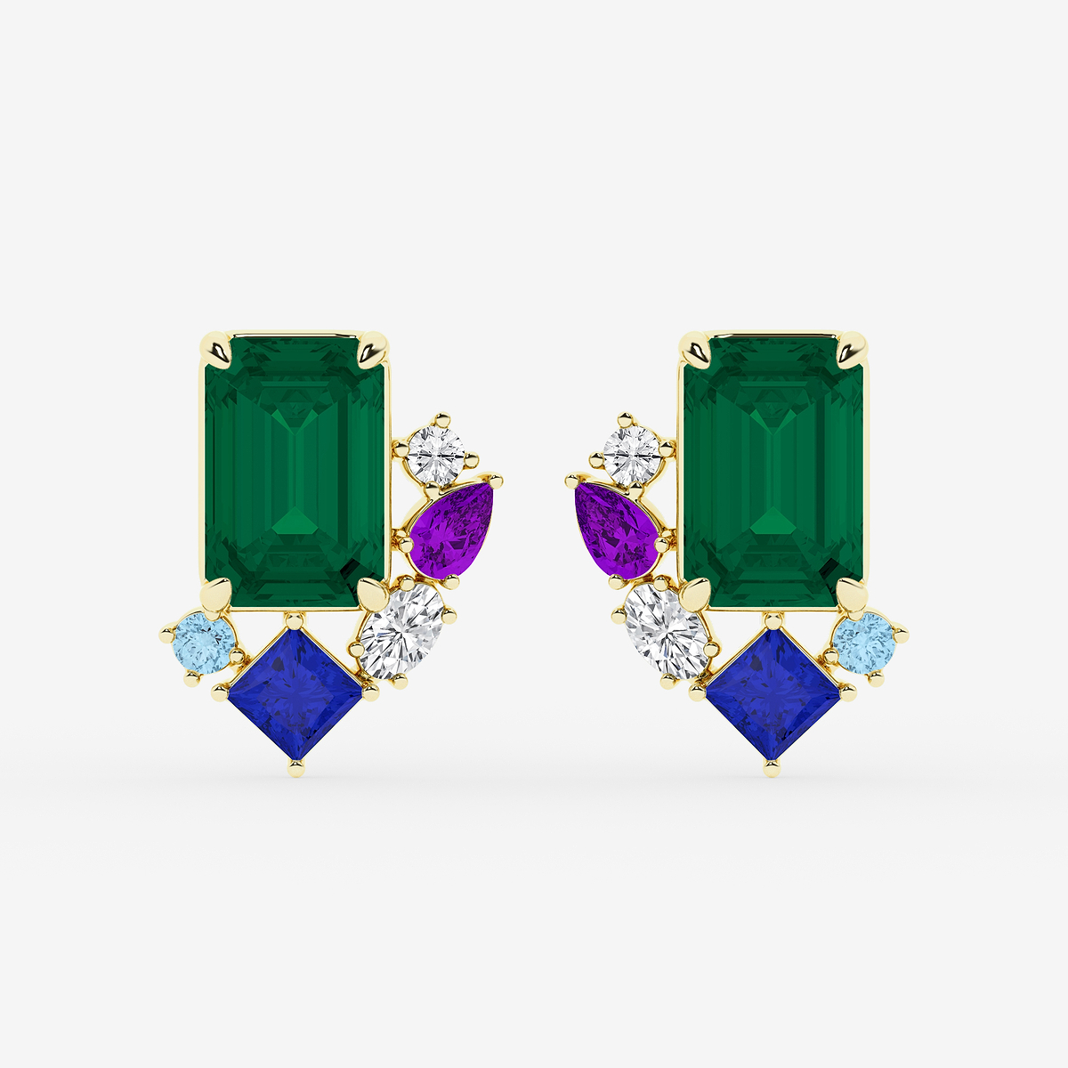 5 ctw Emerald Cut Created Emerald with Round and Oval Lab Grown Diamond Stud Earrings
