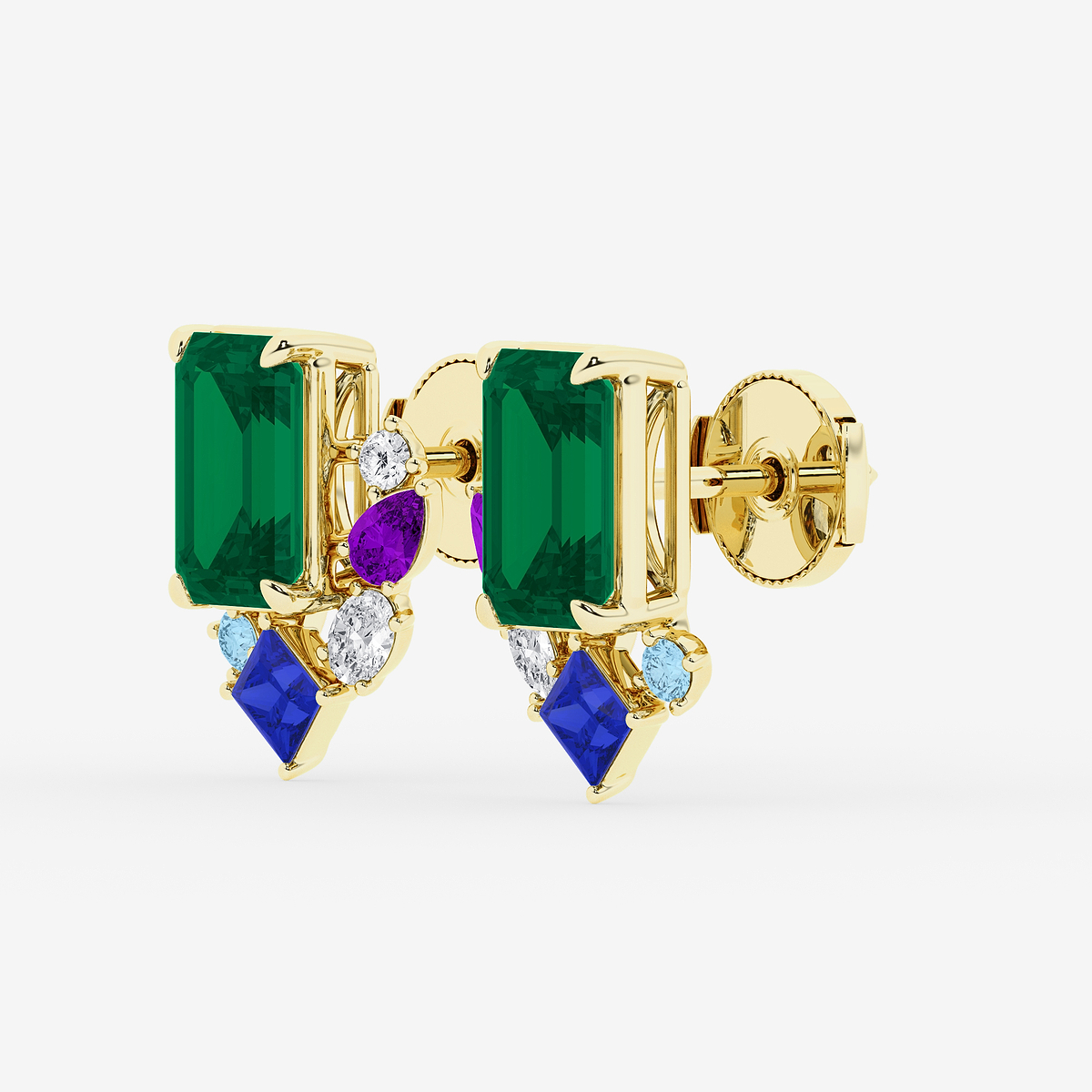 Additional Image 1 for  5 ctw Emerald Cut Created Emerald with Round and Oval Lab Grown Diamond Stud Earrings