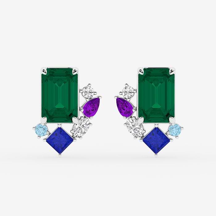 Emerald Cut Created Emerald with Round and Oval Stud Earrings