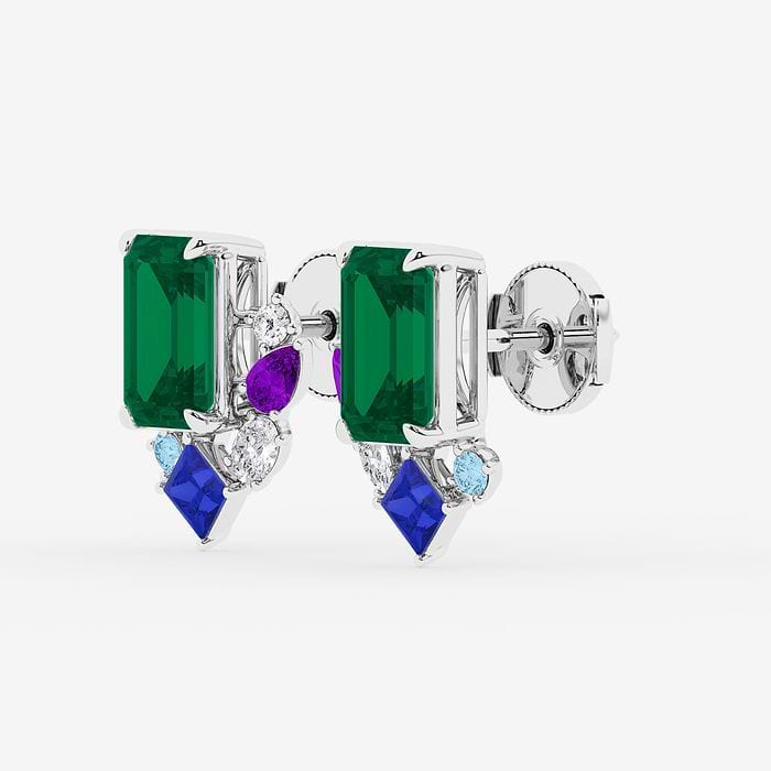 Emerald Cut Created Emerald with Round and Oval Stud Earrings