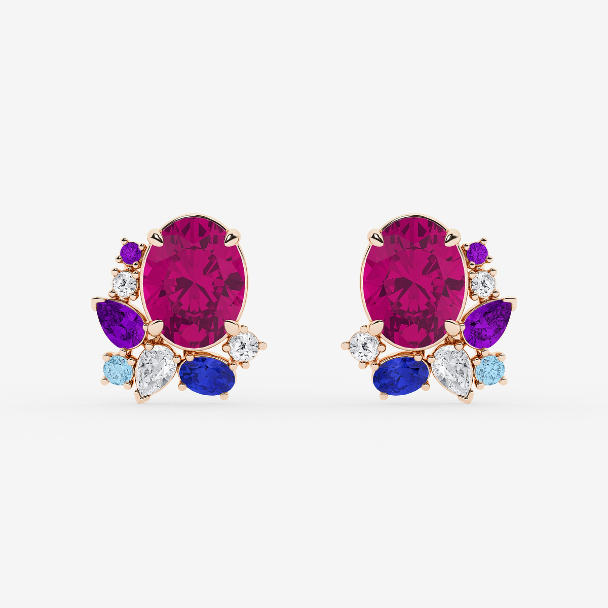 6 3/4 ctw Oval Cut Created Pink Sapphire with Round and Pear Lab Grown Diamond Stud Earrings