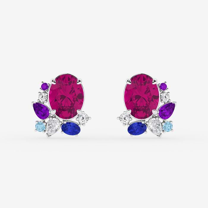 Oval Cut Created Pink Sapphire with Round and Pear Stud Earrings