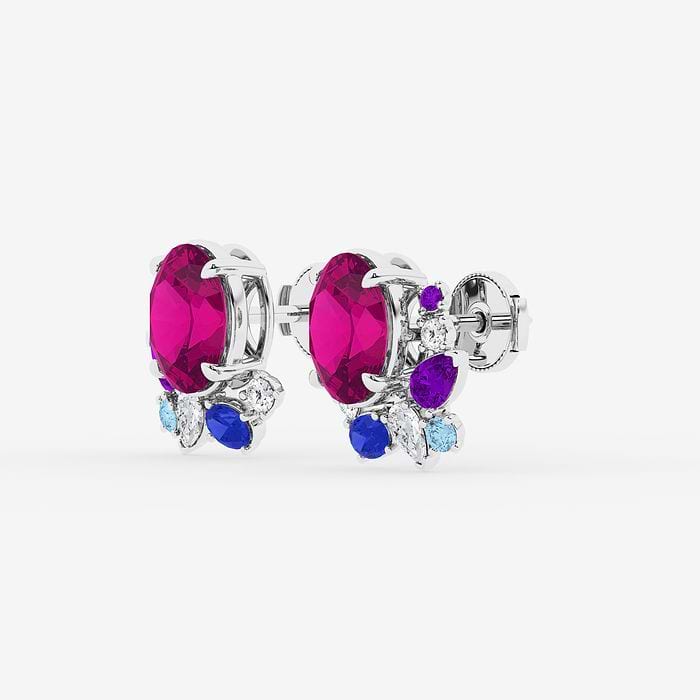 Oval Cut Created Pink Sapphire with Round and Pear Stud Earrings