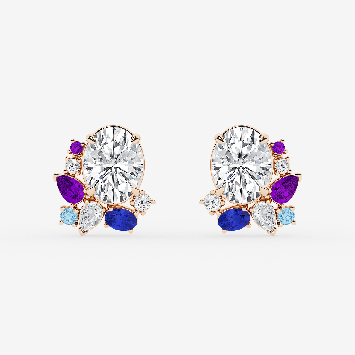 5 7/8 ctw Oval Lab Grown Diamond with Round and Pear Side Stones Stud Earrings