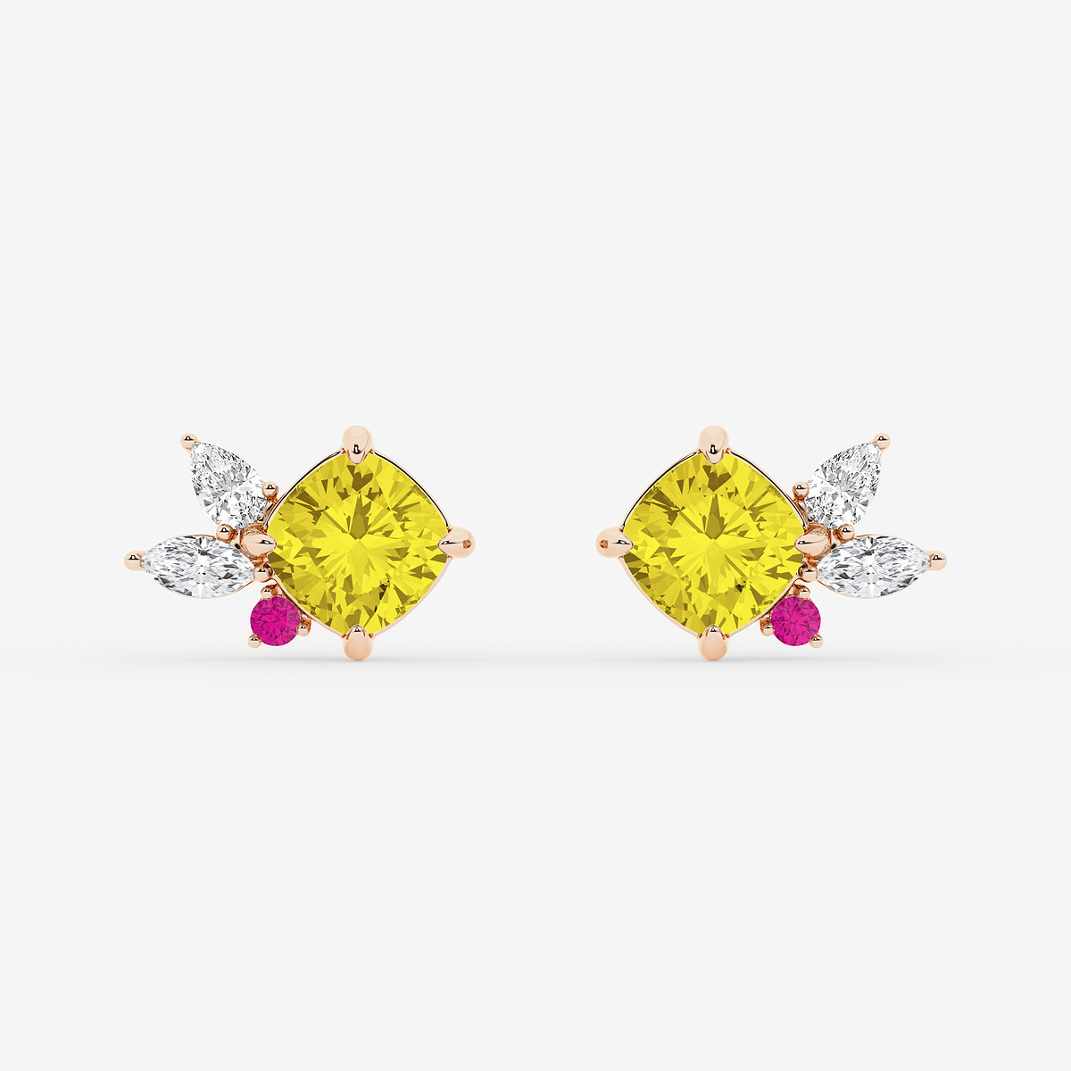 4 1/2 ctw Cushion Cut Created Yellow Sapphire with Marquise & Pear Lab Grown Diamond Floral Stud Earrings