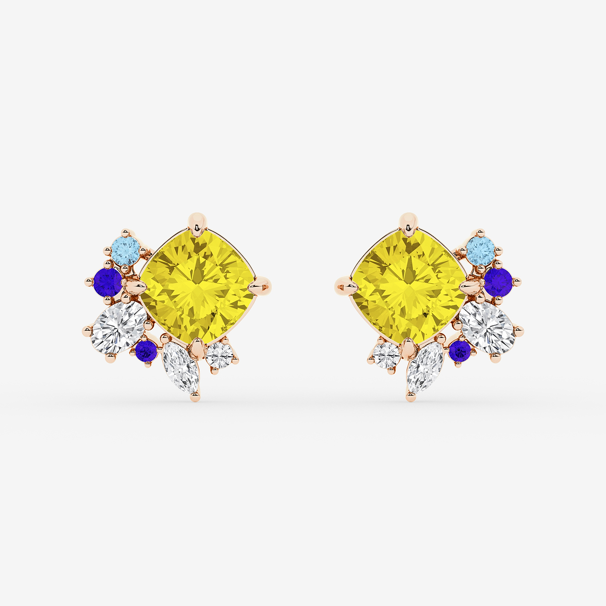 5 ctw Cushion Cut Created Yellow Sapphire with Multi-Shape Lab Grown Diamond Floral Motive Stud Earrings