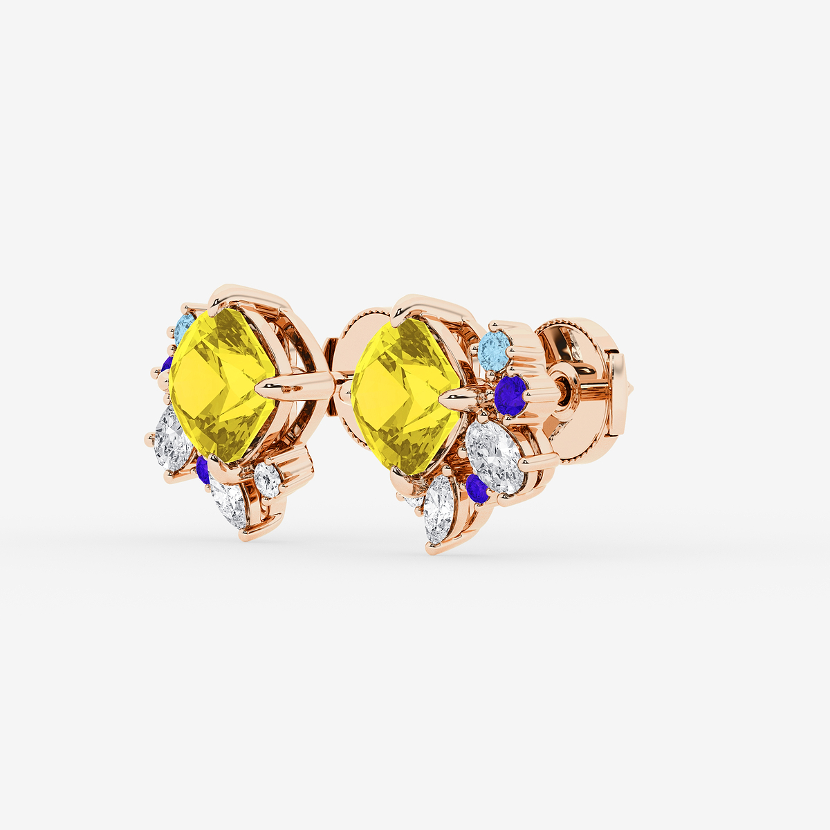 Additional Image 1 for  5 ctw Cushion Cut Created Yellow Sapphire with Multi-Shape Lab Grown Diamond Floral Motive Stud Earrings