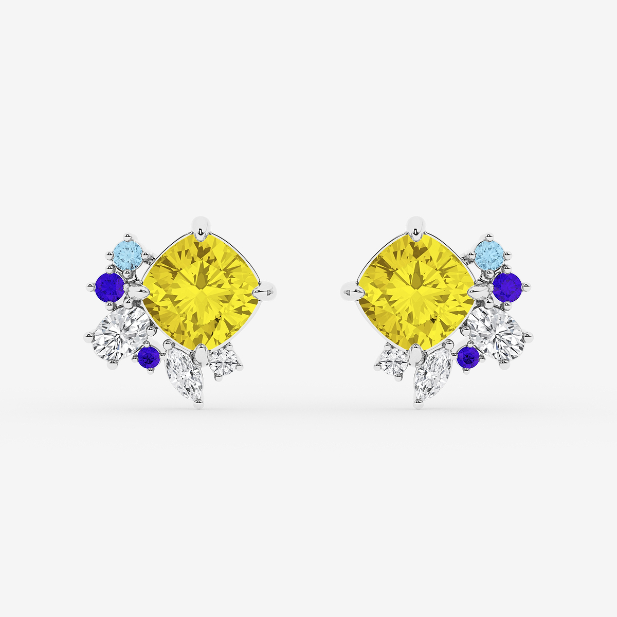 5 ctw Cushion Cut Created Yellow Sapphire with Multi-Shape Lab Grown Diamond Floral Motive Stud Earrings