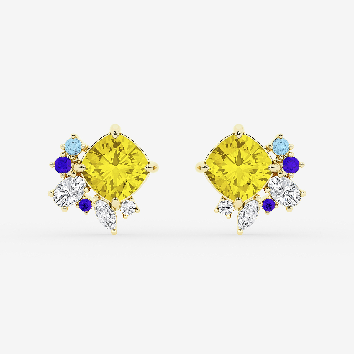 5 ctw Cushion Cut Created Yellow Sapphire with Multi-Shape Lab Grown Diamond Floral Motive Stud Earrings