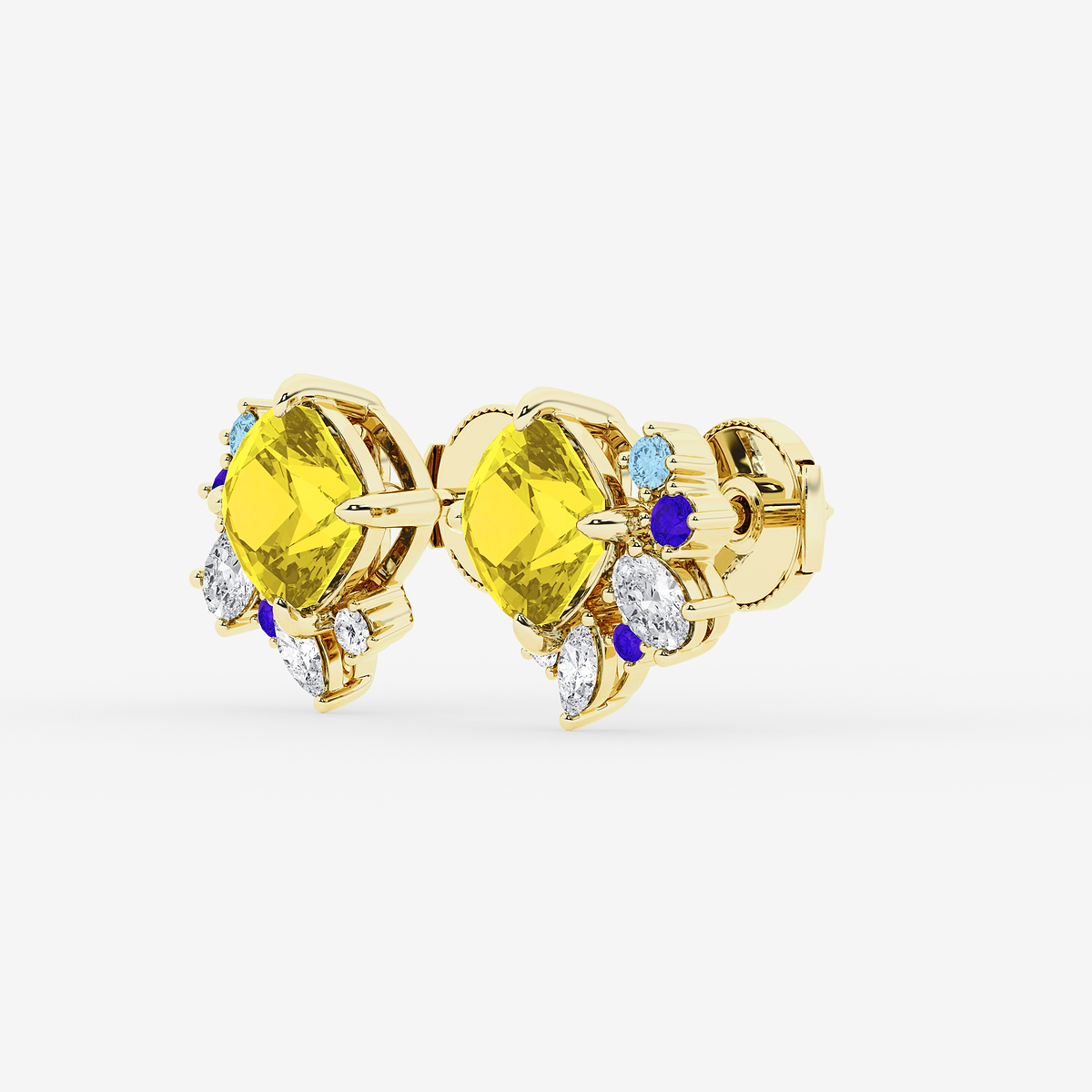 Additional Image 1 for  5 ctw Cushion Cut Created Yellow Sapphire with Multi-Shape Lab Grown Diamond Floral Motive Stud Earrings