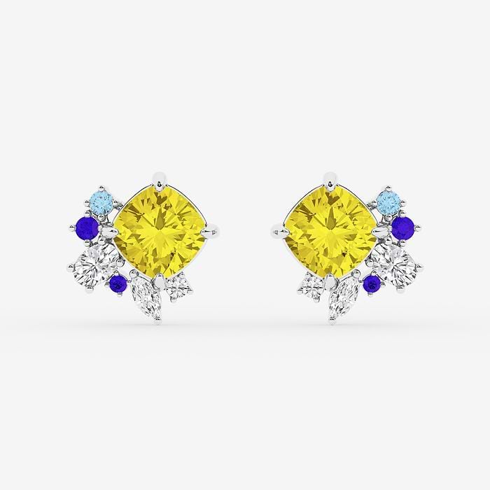 Cushion Cut Created Yellow Sapphire with Multi-Shape Floral Motive Stud Earrings