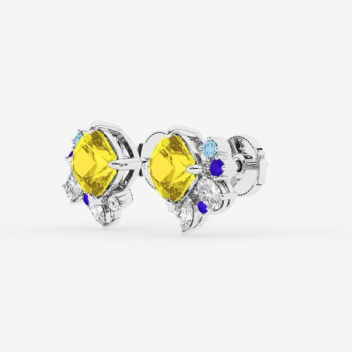 Cushion Cut Created Yellow Sapphire with Multi-Shape Floral Motive Stud Earrings