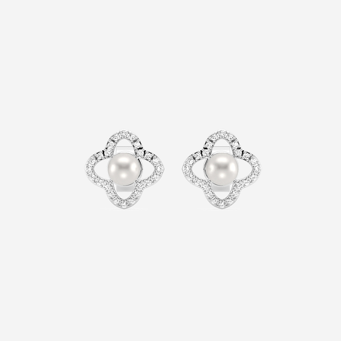 Pearl Clovers - 3.5 - 4.0 mm Cultured Freshwater Pearl and 1/5 ctw Lab Grown Diamond Clover Drop Earrings