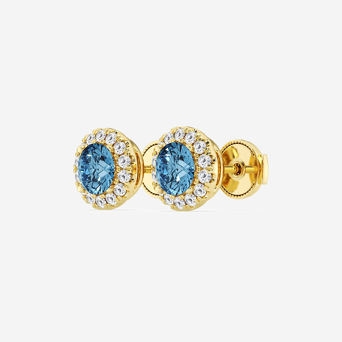 Fancy Blue Studs - 2 ctw Round Lab Grown Diamond Fancy Blue Halo Stud Earrings
