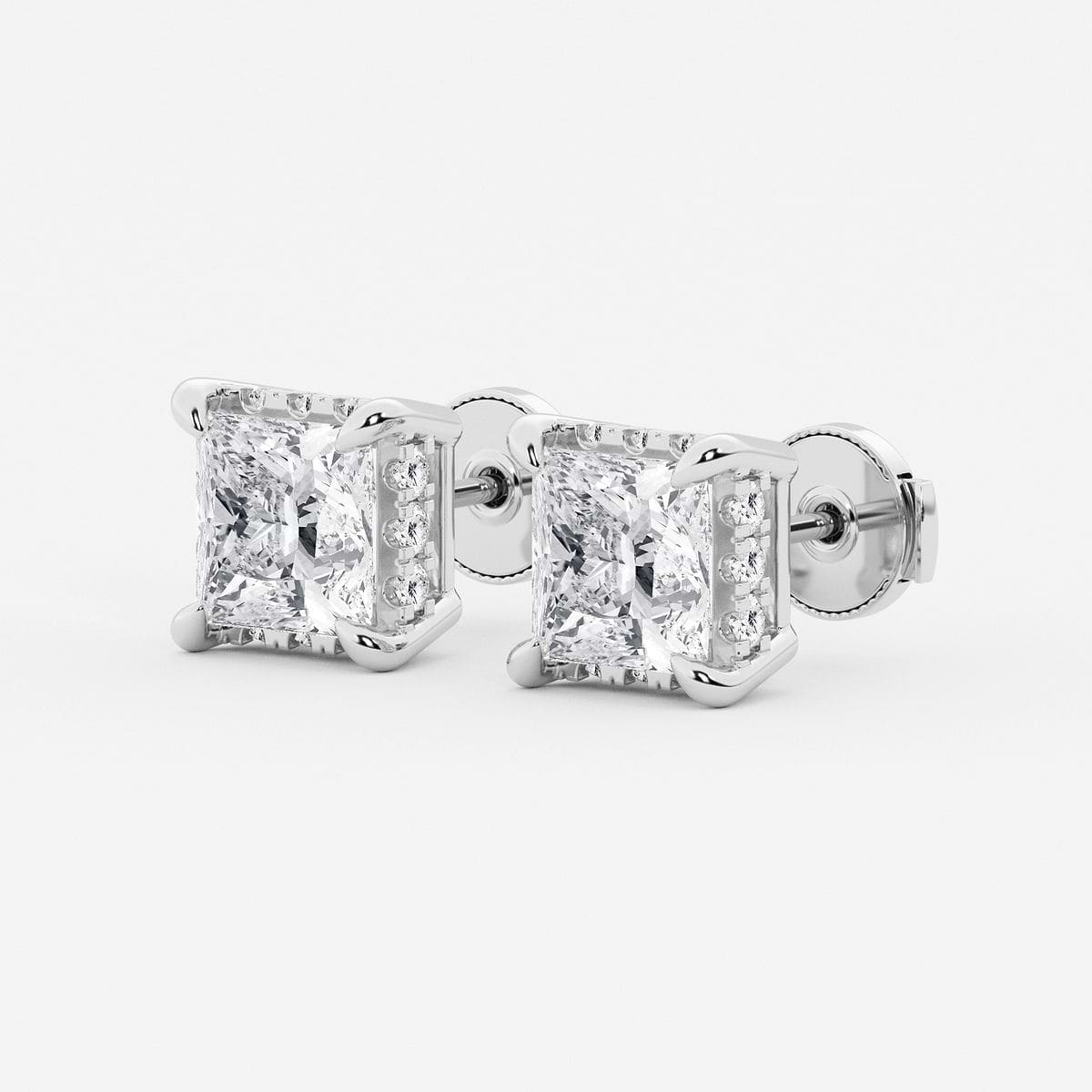4 ctw Princess Lab Grown Diamond Hidden Halo Stud Earrings 14K White Gold, G, VS2