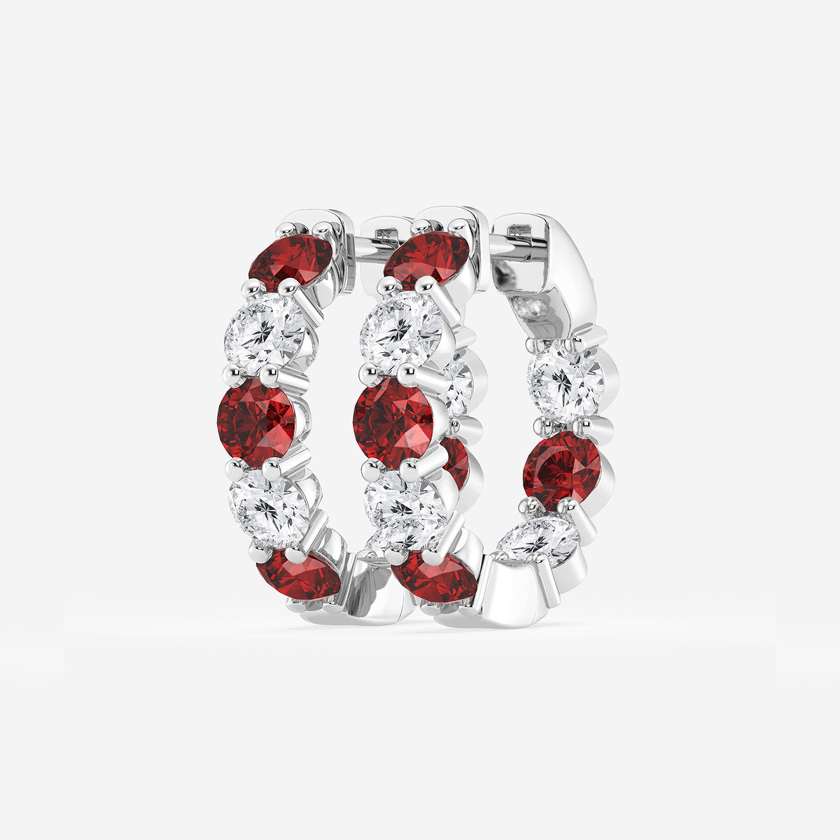 Additional Image 1 for  4 mm Round Created Ruby and 2 ctw Round Lab Grown Diamond Inside Out Hoop Earrings