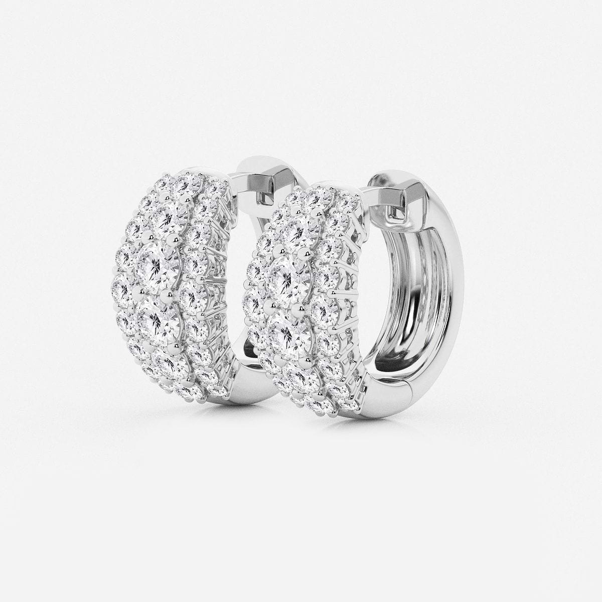 1 5/8 ctw Round Lab Grown Diamond Graduated Triple Row Huggie Hoop Earrings 14K White Gold, F, VS2