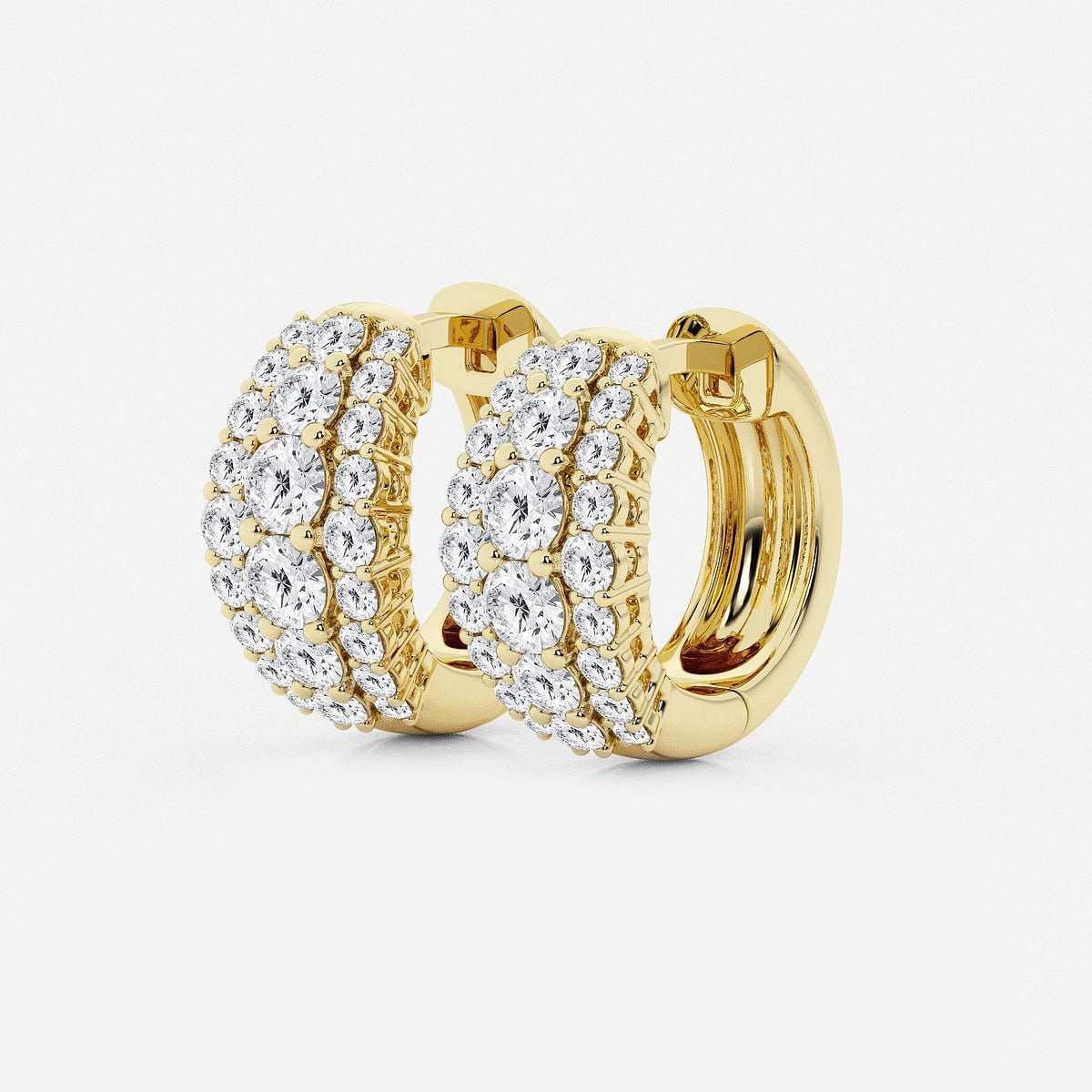 1 5/8 ctw Round Lab Grown Diamond Graduated Triple Row Huggie Hoop Earrings 14K Yellow Gold, F, VS2