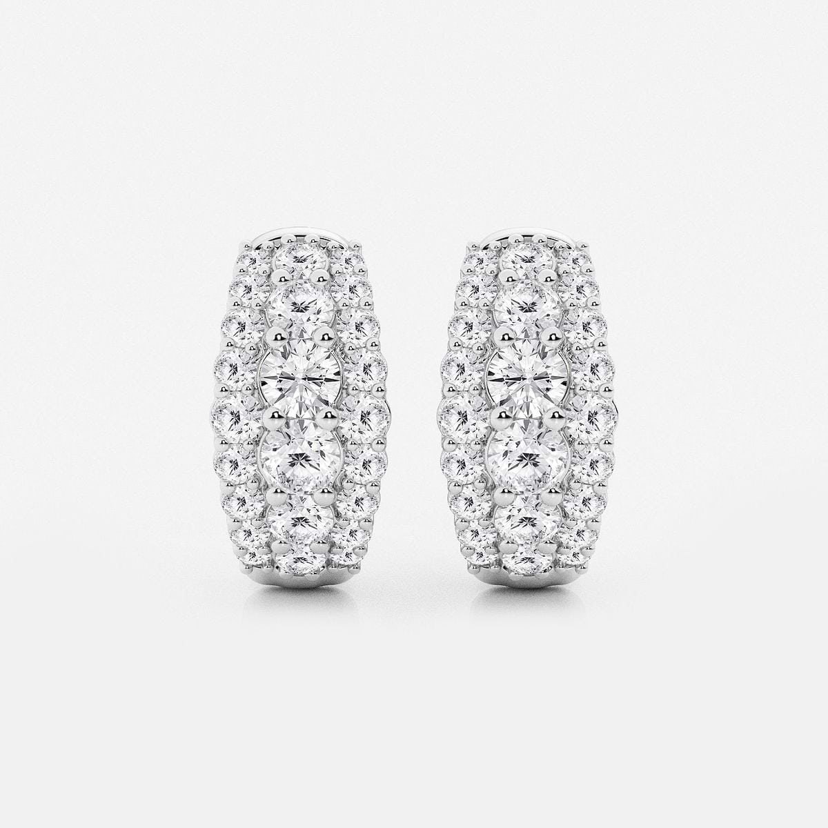 2 ctw Round Lab Grown Diamond Graduated Triple Row Huggie Hoop Earrings 14K White Gold, FG, VS2+