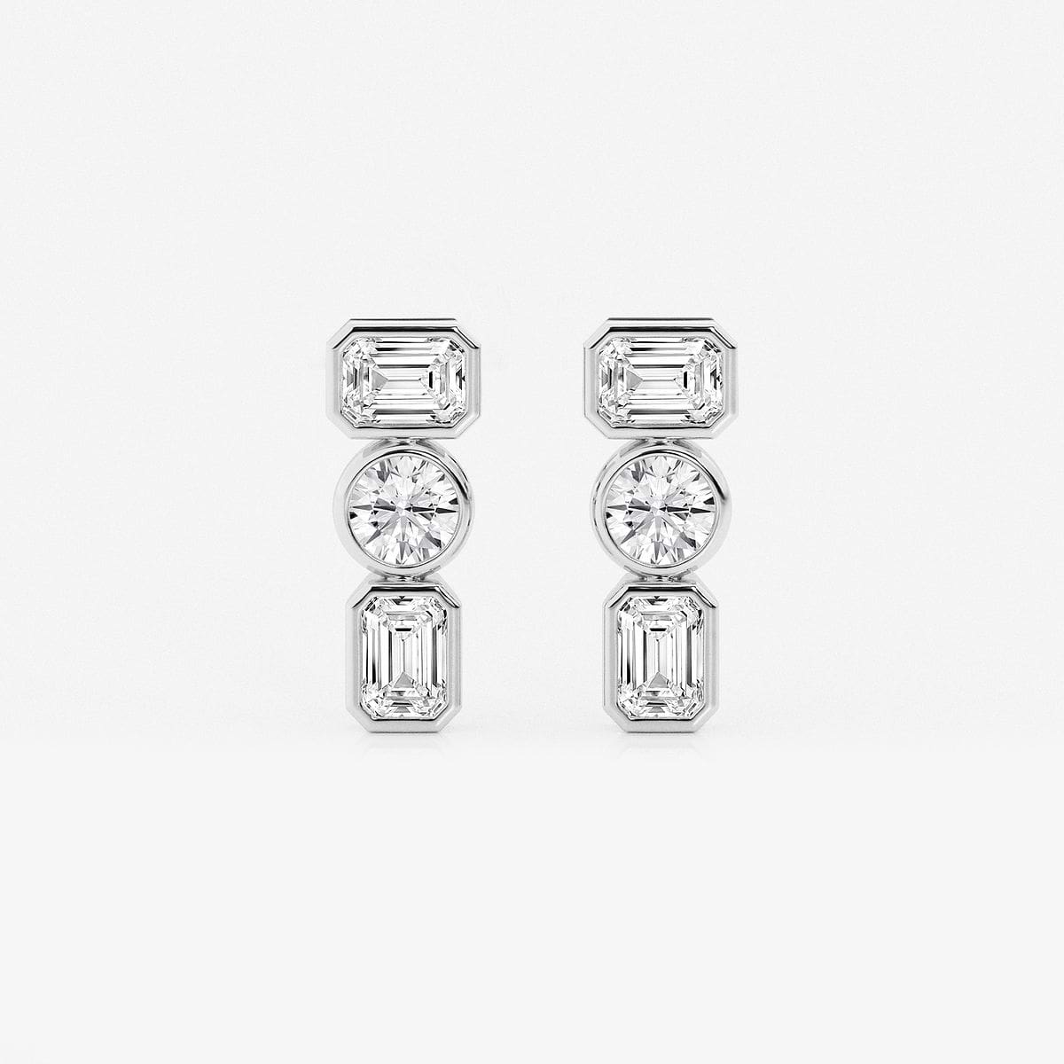 1 1/2 ctw Round and Emerald Lab Grown Diamond Three Stone Stud Earrings
