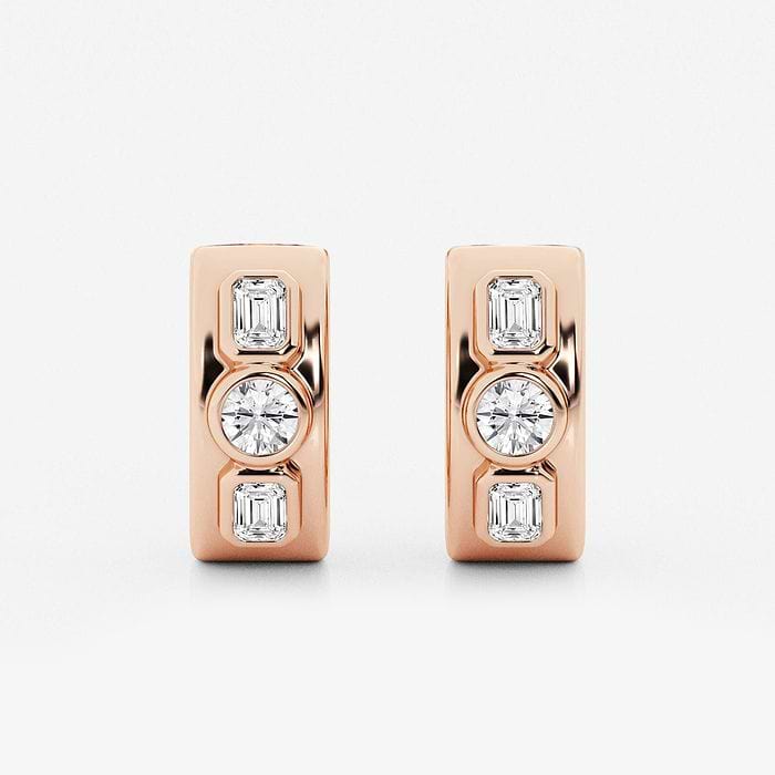 1 ctw Round and Emerald Lab Grown Diamond Three Stone Huggie Hoop Earrings