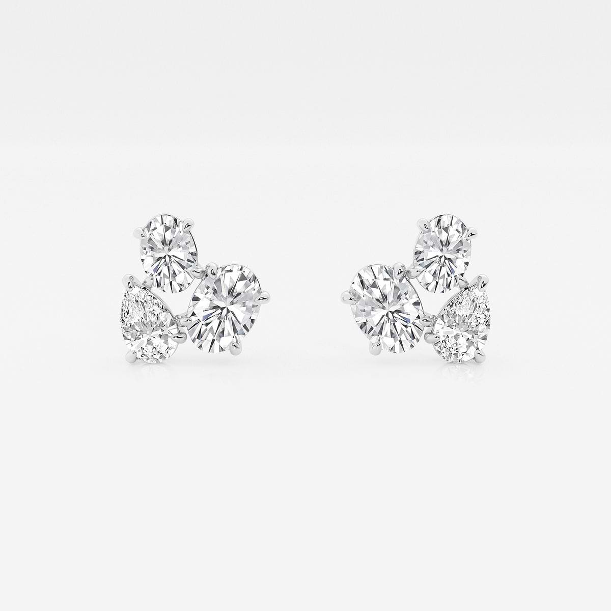 1 ¾ ctw Mosaic Oval and Pear Three Stone Stud Earrings 14K White Gold, DE, VS1
