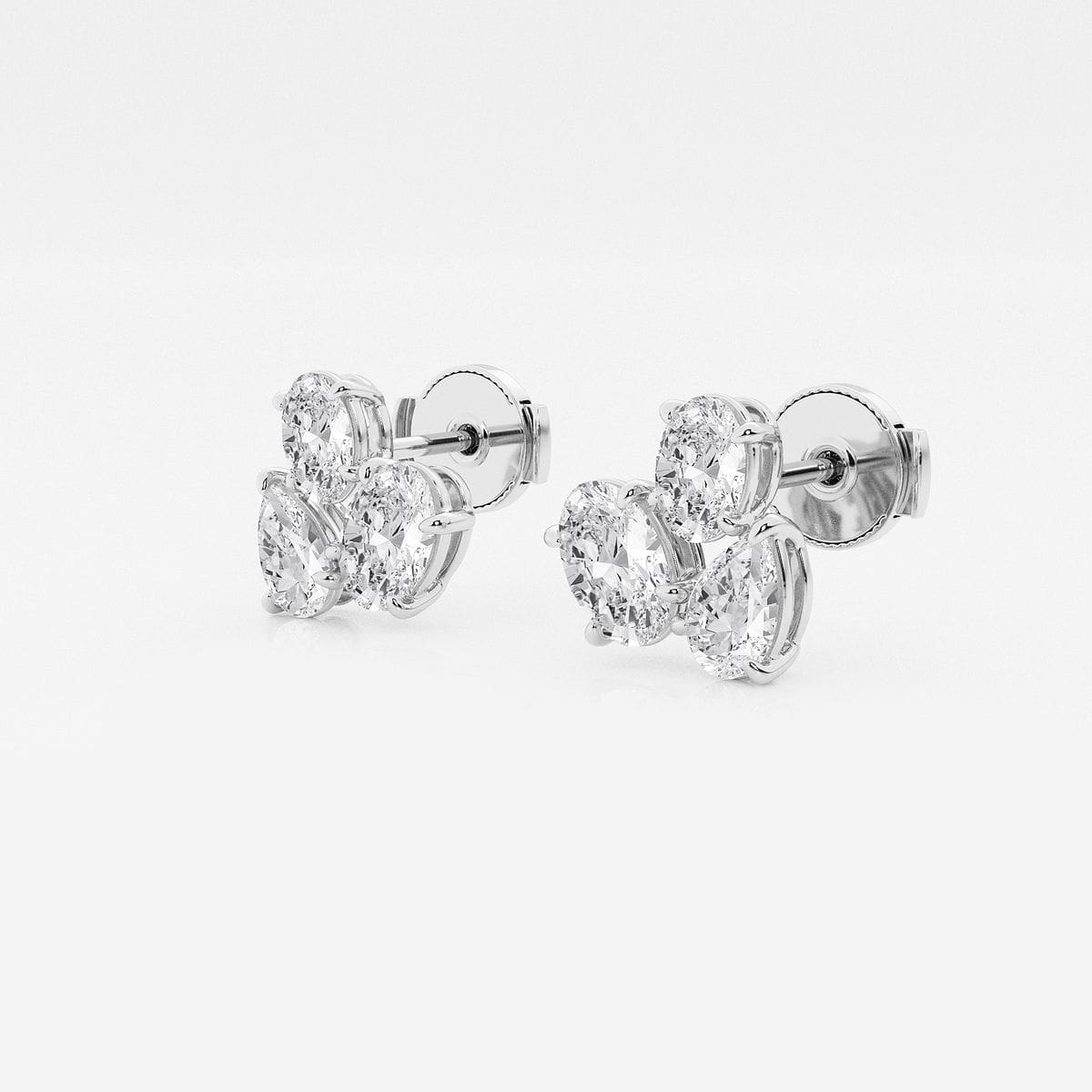 1 ¾ ctw Mosaic Oval and Pear Three Stone Stud Earrings 14K White Gold, DE, VS1