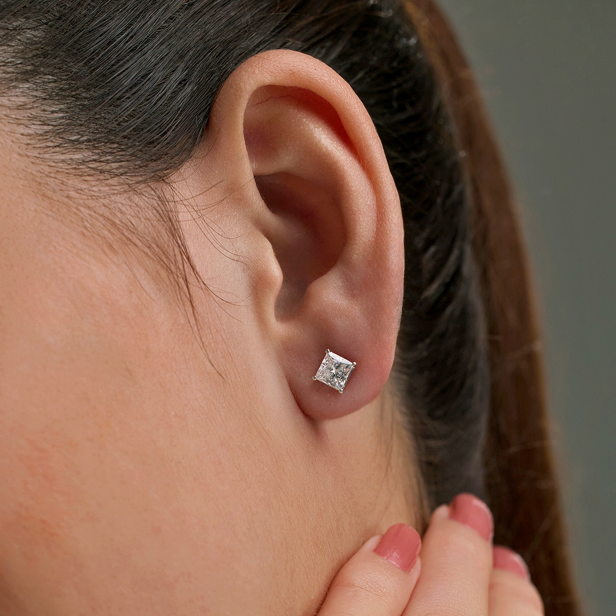 1/2 Ct Princess Cut Created Diamond Studs – 14K White Gold Screw Back Basket Setting