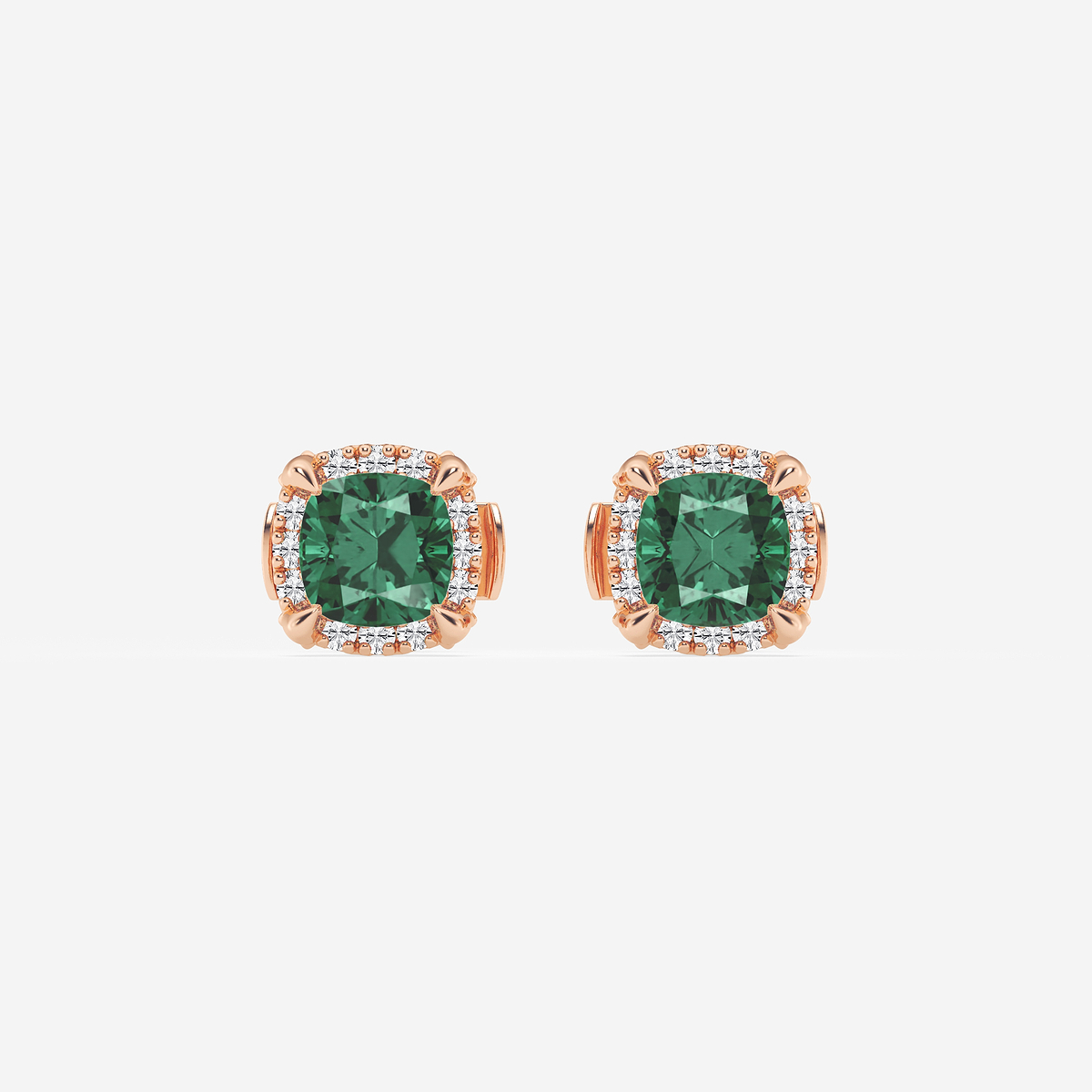 4.6 mm Cushion Cut Created Emerald and 1/4 ctw Round Lab Grown Diamond Shadow Halo Stud Earrings
