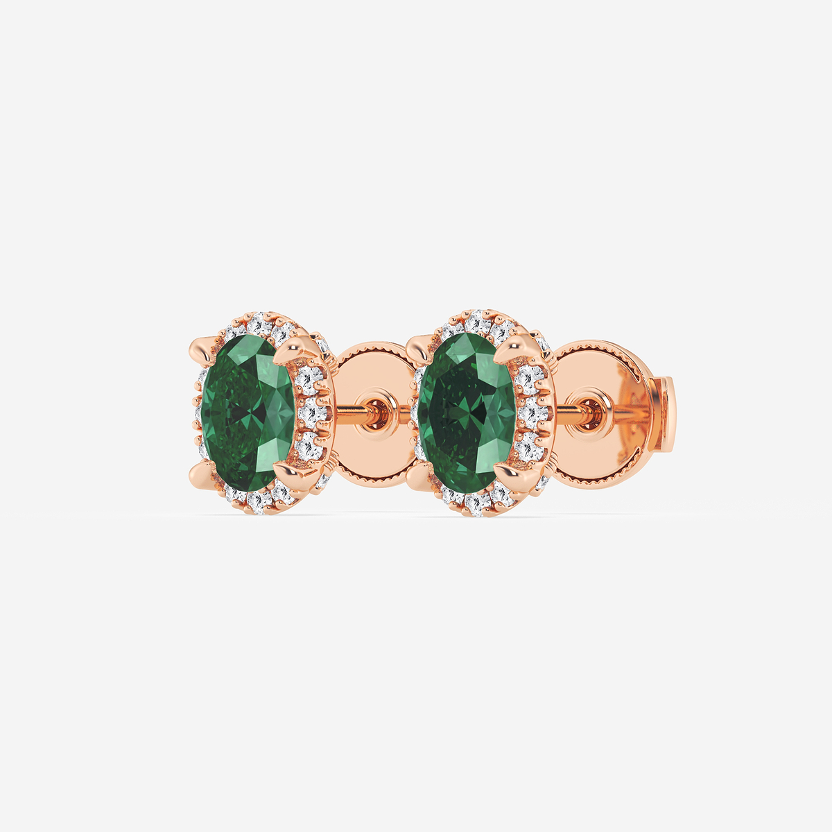 Additional Image 1 for  6x4 mm Oval Created Emerald and 1/4 ctw Round Lab Grown Diamond Shadow Halo Stud Earrings