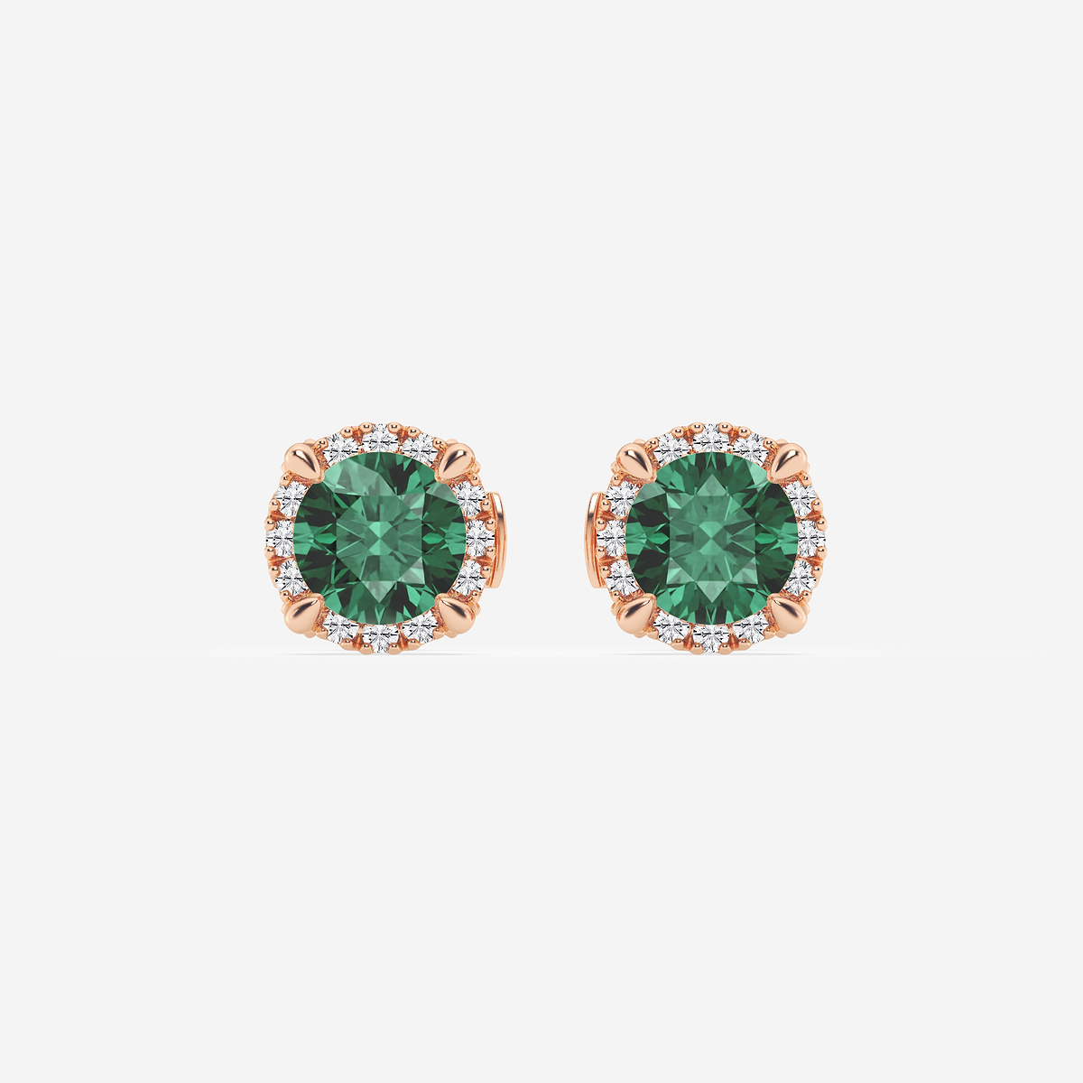 5.1 mm Round Created Emerald and 1/4 ctw Round Lab Grown Diamond Shadow Halo Stud Earrings