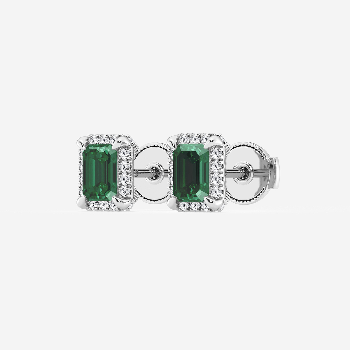 Additional Image 1 for  6x4 mm Created Emerald and 1/4 ctw Round Lab Grown Diamond Shadow Halo Stud Earrings